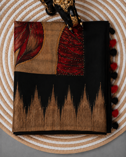 Chanderi Saree Lotus Butties Temple Design Border-Black