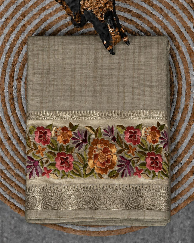 Kora Tusser saree Gap Border with Parce Work Border -  Grey