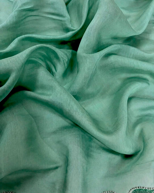 Mul Chanderi Saree with Abstract Thread work Scallop Border- Sea Green