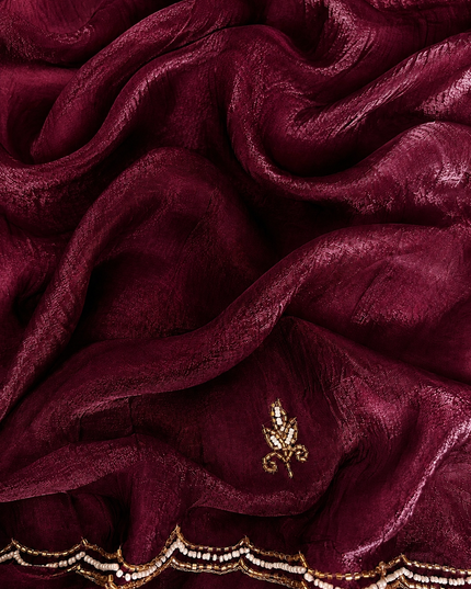 Space silk saree with Allover Karahan Butties Pearl Work and Scallop Border   - Cream & Purple