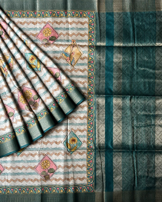 Tusser Silk Saree With Zig Zag Print and Floral and Contrast Border - Light Grey