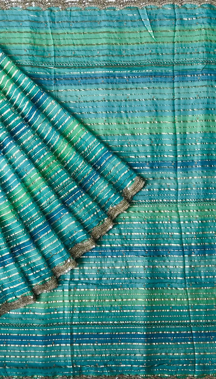Georgette Saree With All over  Multi Stripes Design and Sequences and kardhana work Border -  Multi