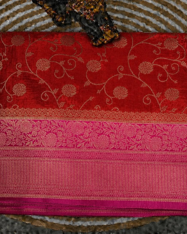 Banaras Saree With All Over Golden Zari Leaf Design and Zari Kaddi Border - Red