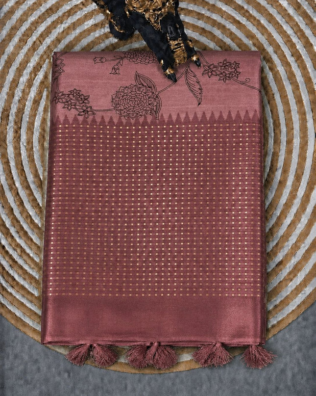 Tusser Silk saree with Floral Print - Pink