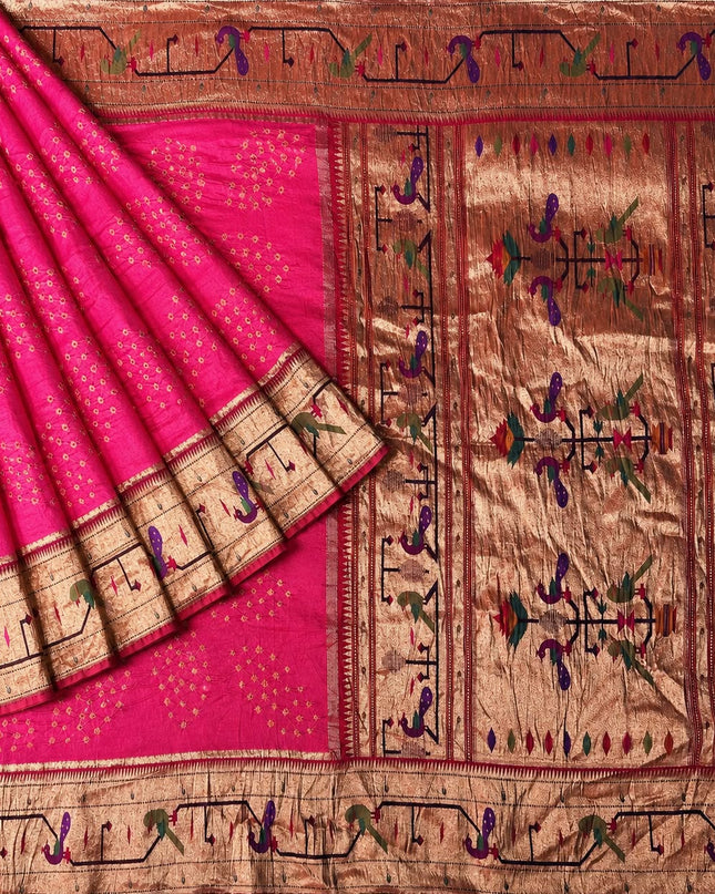 Bhandni Saree with Paithani Saree Border - Pink