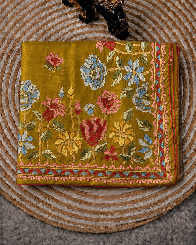 Dupion Saree with Thread Work Piping Border- Mustard