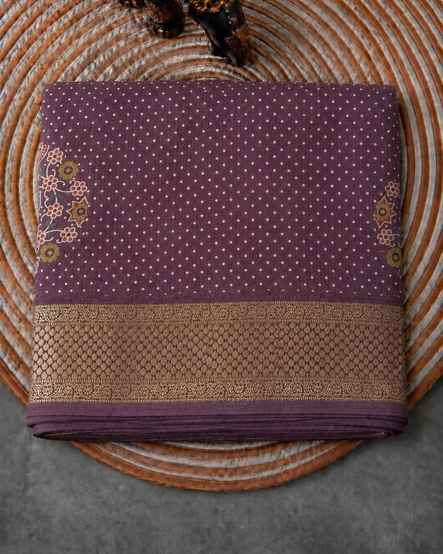 Tusser Silk Saree With Bhandni Print and Golden Border -  Light Purple