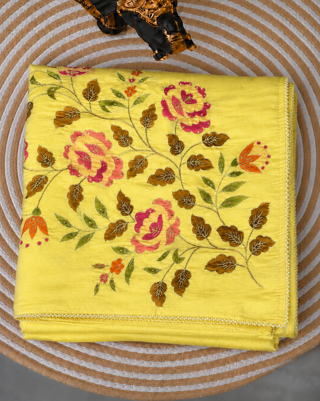 Mul  chanderi saree with  Foral Print and  Ari Work Pearl Border - Lemon  yellow