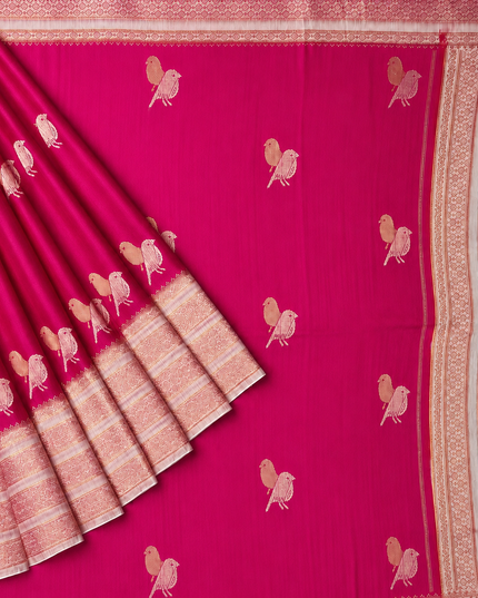 Raw silk sarees with Gold and Silver Zari Peacock design and Contrast border - Magenta