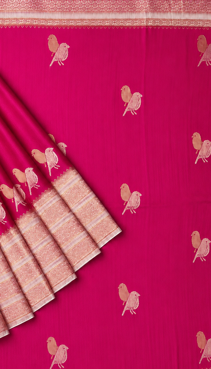 Raw silk sarees with Gold and Silver Zari Peacock design and Contrast border - Magenta