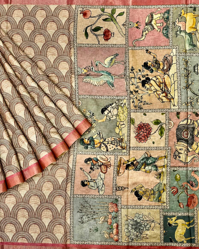 Tusser Silk Saree With Arch Print and Golden Border  - Light Pink
