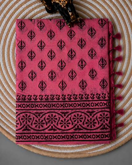 Pure Silk Saree With All Over Block Print - Light Pink