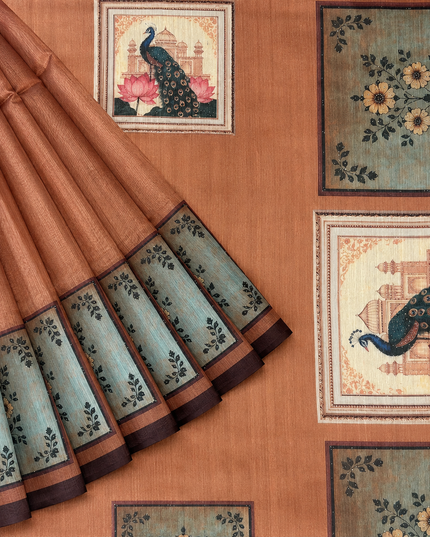 Tusser Silk Saree with Floral Print  contrast Border  - Brown