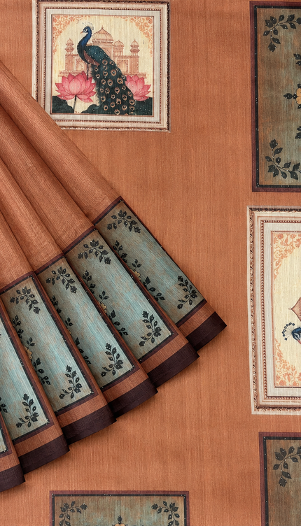 Tusser Silk Saree with Floral Print  contrast Border  - Brown