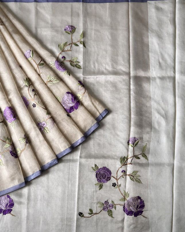 Pure Tissue Saree  with Embroidery Work and  piping border - Gold & Purple