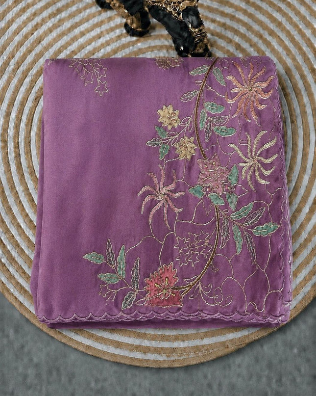 Soft Orznga Saree with Applique work And Ari Work with Scallop Border - Onion Pink