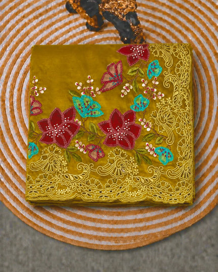 Dupion Silk  Saree with Applique work and Cut work Border - Mustard