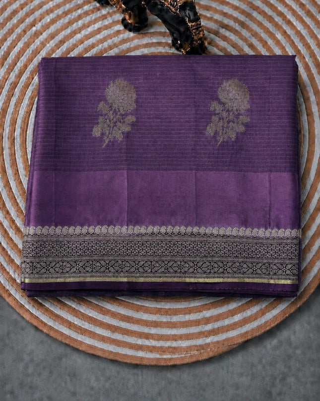 Kota Silk saree with Golden Buttes and Satin Borer Floral Print -  Purple