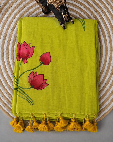 Mul cotton saree with Hand Painting  - Green