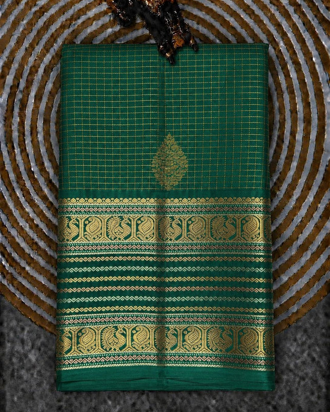 Pure Pattu Saree With Golden Check Weaving and Flower Buttes and  Gap Border - Green