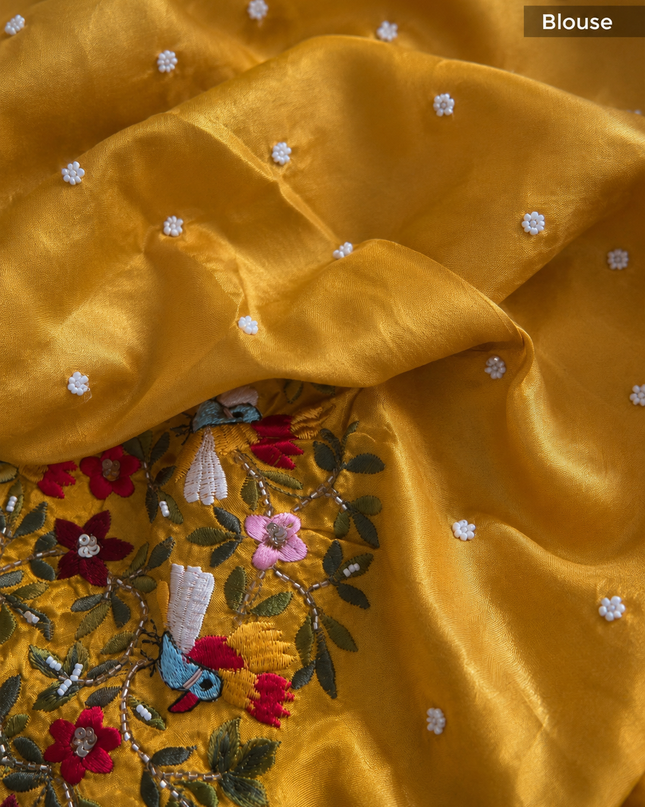 Chinon Silk Saree  with Golden Zari  Weaving Checks Design With Small Butties  Contrast Golden Zari Border -Mustard