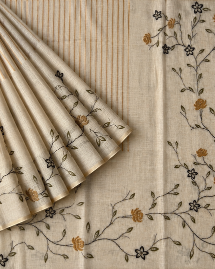 Linen Saree with Floral Print and Kardhana Work - Beige & Mustard
