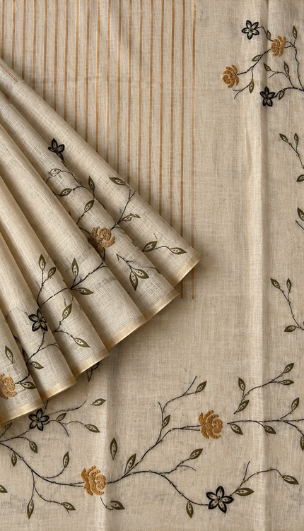 Linen Saree with Floral Print and Kardhana Work - Beige & Mustard
