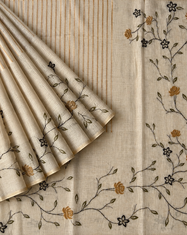 Linen Saree with Floral Print and Kardhana Work - Beige & Mustard