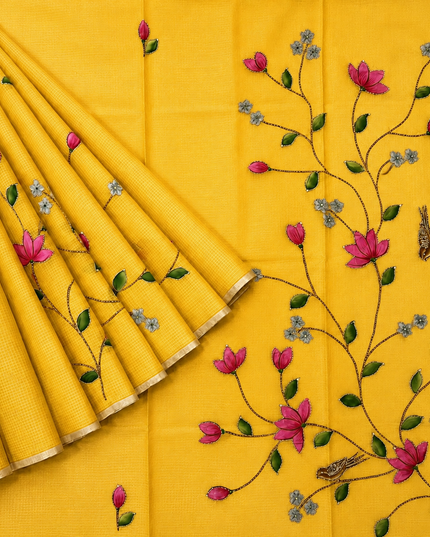 Kota Silk Saree with All over Thread Weaving Flower Butties and Golden Border - yellow