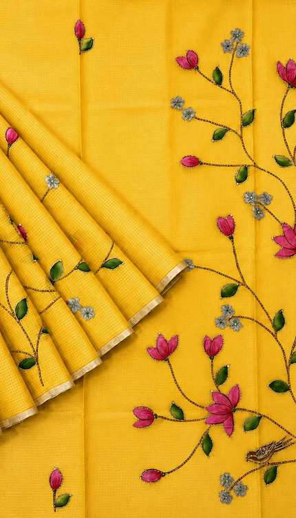 Kota Silk Saree with All over Thread Weaving Flower Butties and Golden Border - yellow