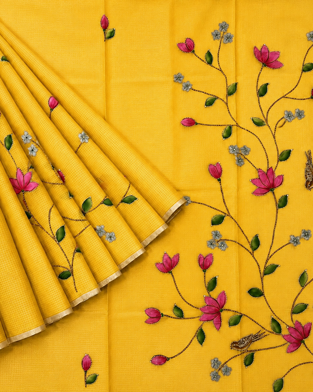 Kota Silk Saree with All over Thread Weaving Flower Butties and Golden Border - yellow