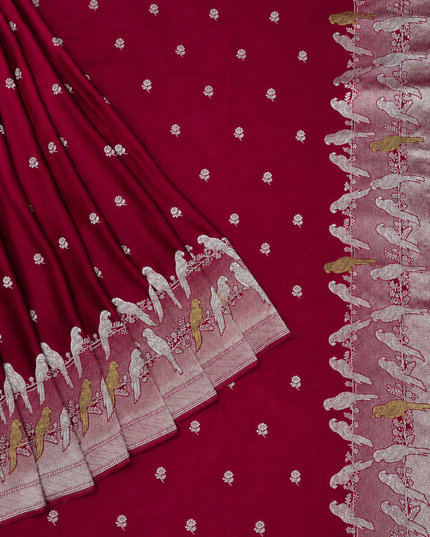 Mashru Banaras saree with Silver butties and Silver Kaddi border - Rani Pink