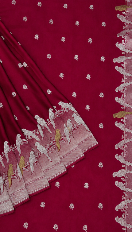 Mashru Banaras saree with Silver butties and Silver Kaddi border - Rani Pink