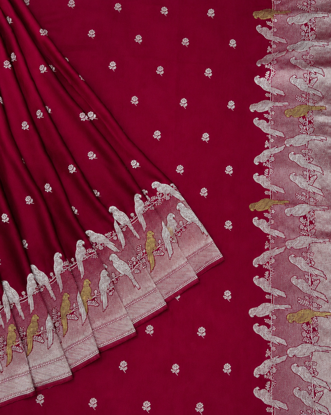 Mashru Banaras saree with Silver butties and Silver Kaddi border - Rani Pink