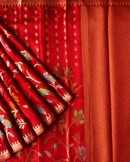 Chanderi  Silk Saree with All over Jamdani weaving style and golden Zari border - Red