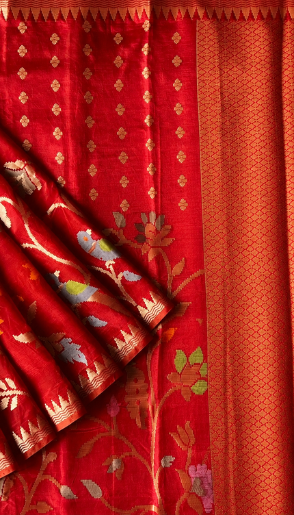 Chanderi  Silk Saree with All over Jamdani weaving style and golden Zari border - Red