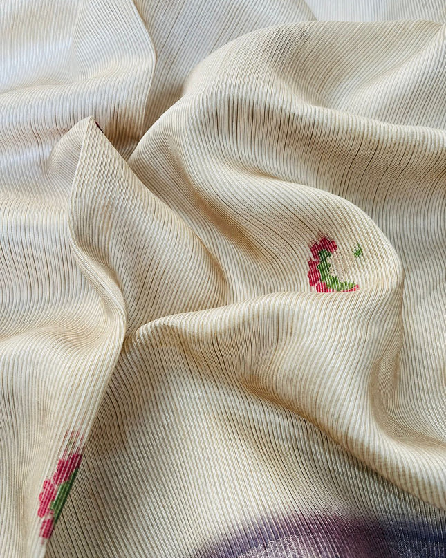 Tusser Saree With Ikkat Design and Small Golden Border- Teal Blue