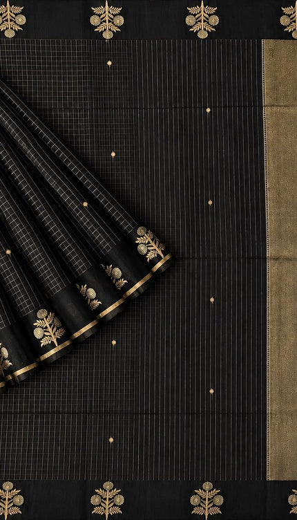 Kora Saree All over Check Design With Golden Border - Black