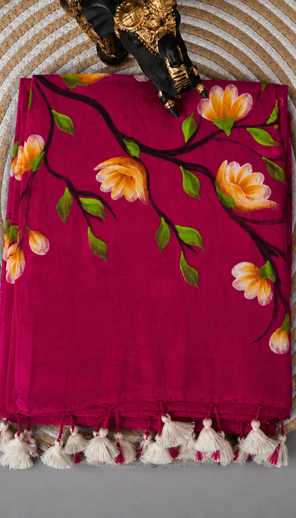 Mul cotton saree with Hand Painting  - Rani Pink