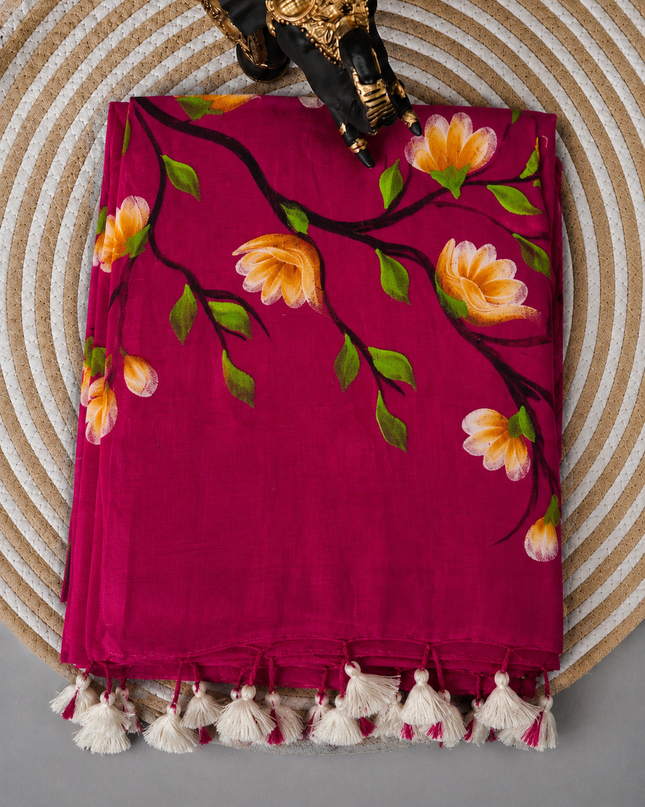 Mul cotton saree with Hand Painting  - Rani Pink