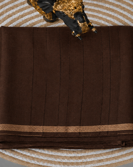Tusser Silk Saree with Weaving Thread Stripes and  Small Golden Zari Border  -  Coffee Brown