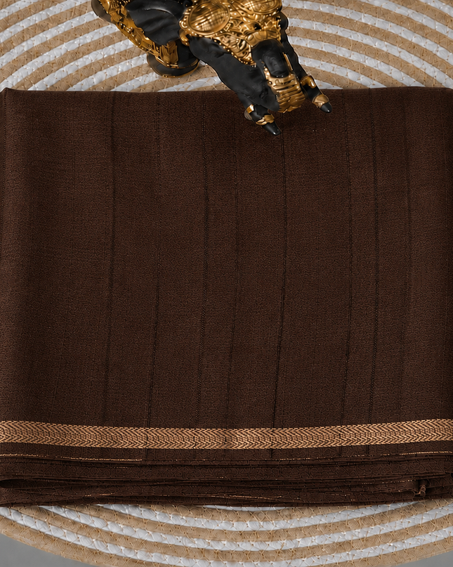 Tusser Silk Saree with Weaving Thread Stripes and  Small Golden Zari Border  -  Coffee Brown