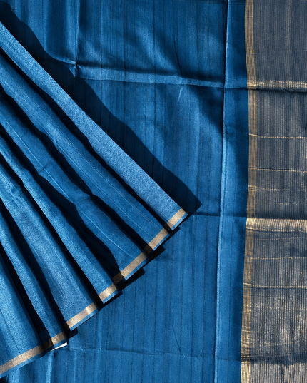 Tusser Silk Saree with Weaving Thread Stripes and  Small Golden Zari Border  - Peacock Blue