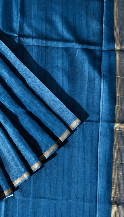 Tusser Silk Saree with Weaving Thread Stripes and  Small Golden Zari Border  - Peacock Blue