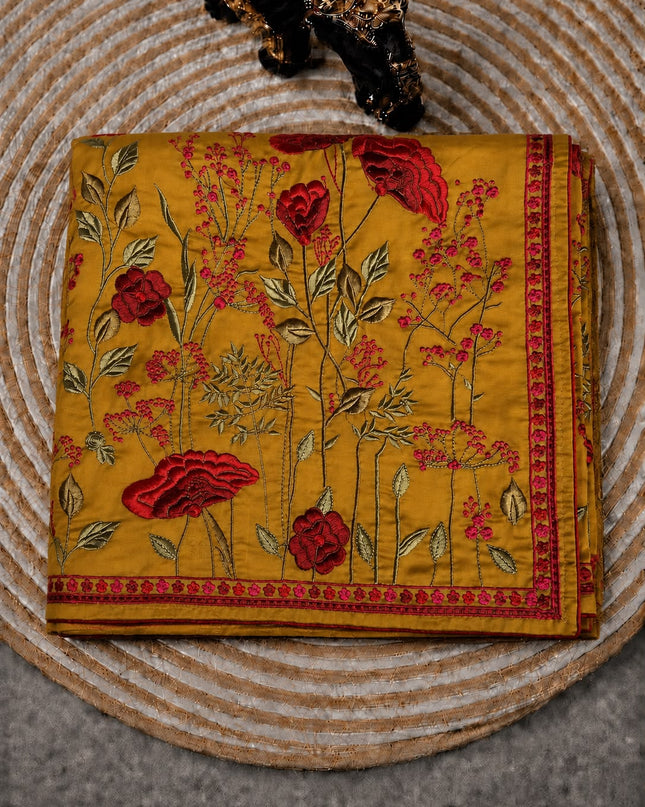 Georgette Saree With Thread Embroidery Work and Piping Border - Mustard