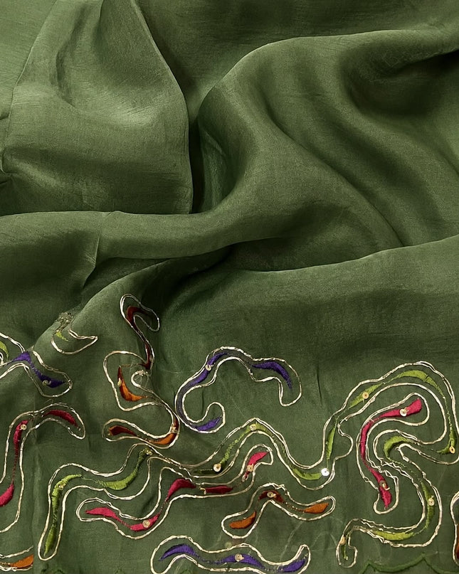 Soft Orznga Saree with Applique work And Peta Work with Scallop Border - Green