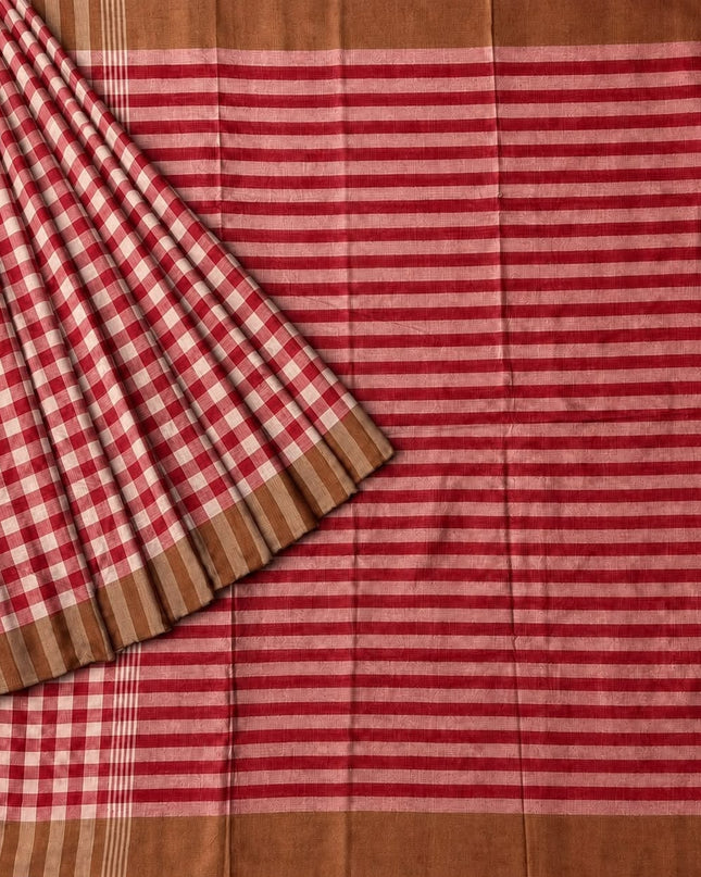 Cotton Saree With Checks Design and Tassels - Pink