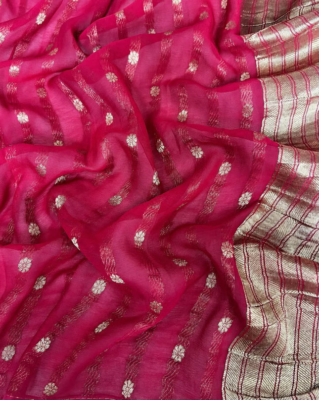 Kaddi Georgette saree with Allover Gold Zari Leaf Jall Design Kaddi Border- Pink