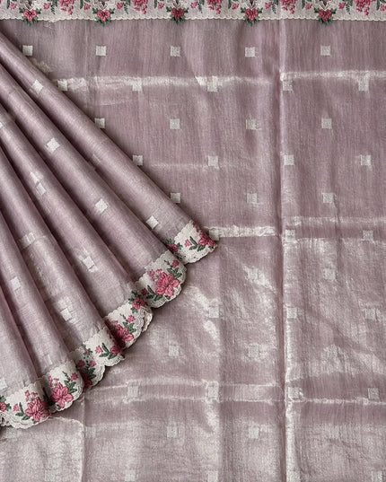 Linen Tissue Saree with square boxes Butties and Cross stich Scallop Border - Onion Pink