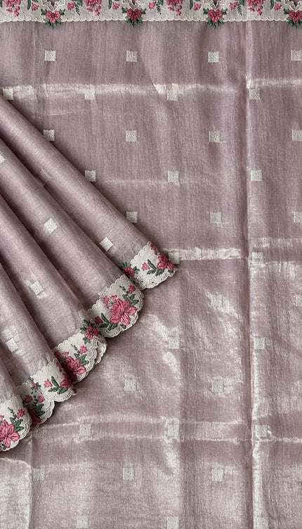 Linen Tissue Saree with square boxes Butties and Cross stich Scallop Border - Onion Pink